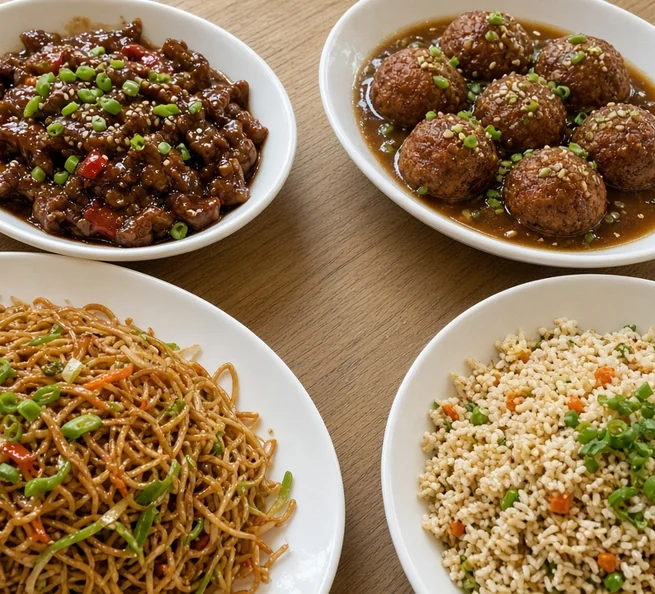 Indo-Chinese dishes shared on a wooden table