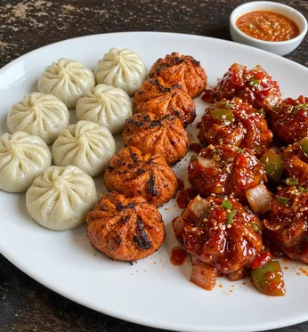 Steamed, tandoori and chilli momos on a white platter