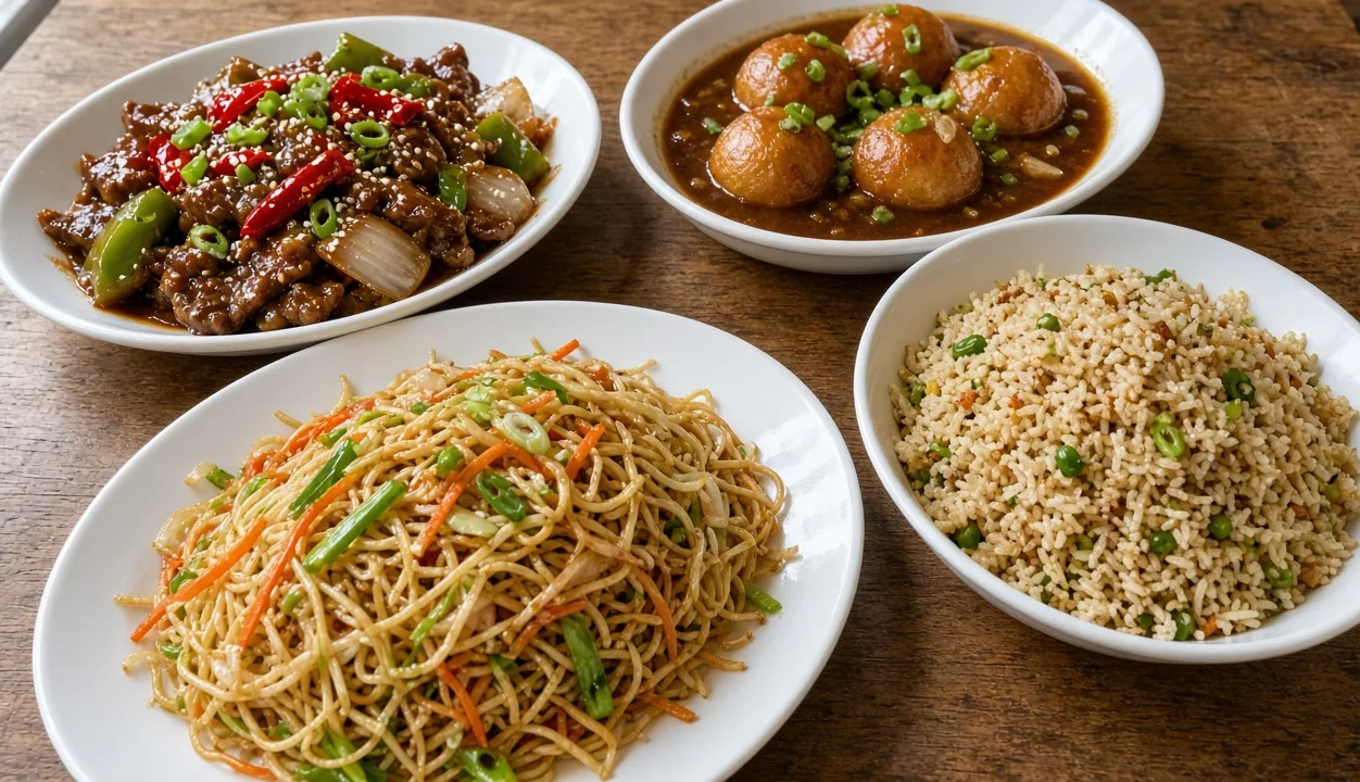 Hakka Indo-Chinese dishes on a wooden restaurant table