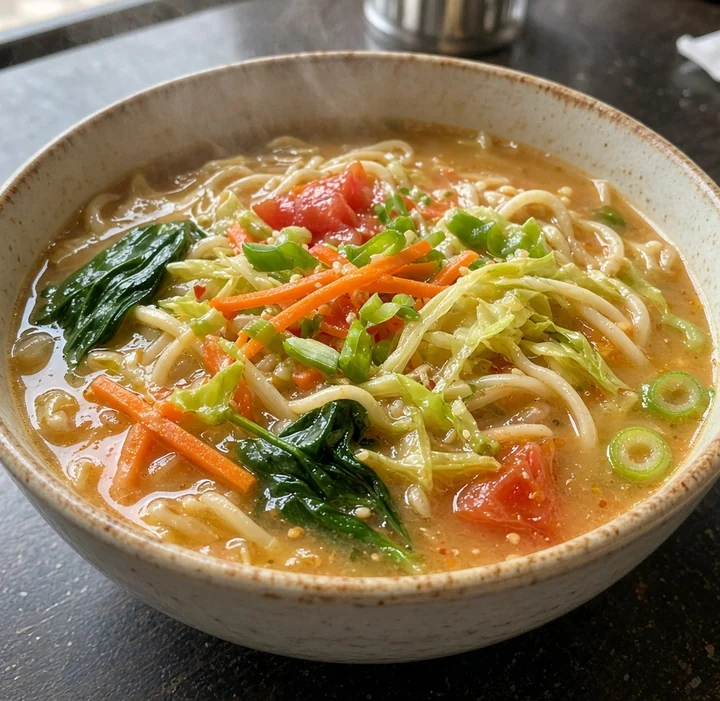 Veg thukpa noodle soup with cabbage, carrot, spinach and tomato