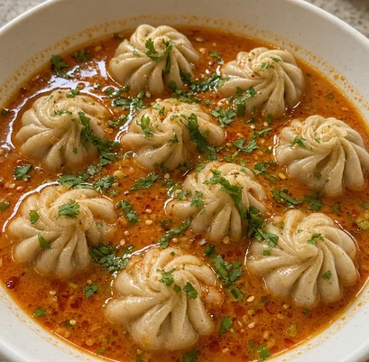 Jhol momos in orange tomato and sesame broth