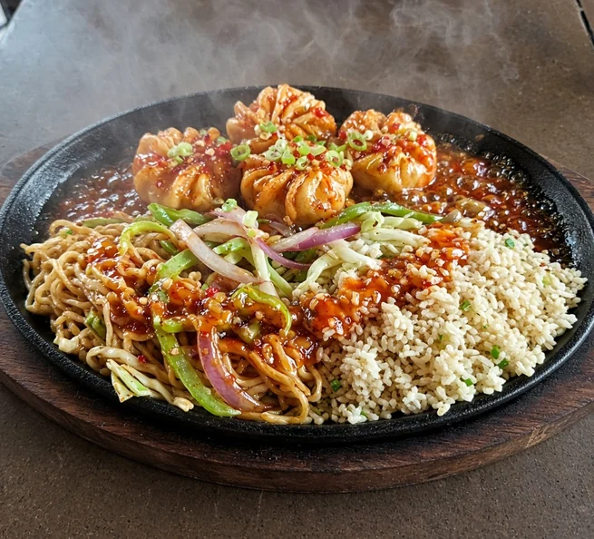 Momo Sizzler on a cast-iron sizzler plate with onion and green pepper