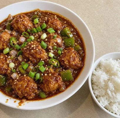 Tangra masala chicken in dark red gravy with a bowl of rice