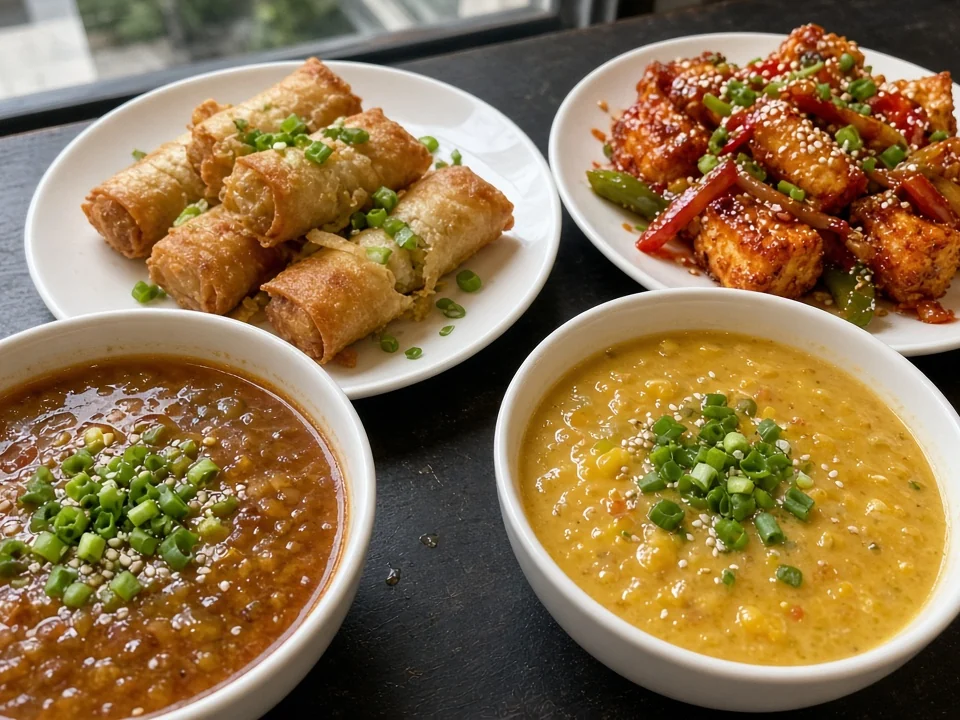 Hot and sour soup, sweet corn soup, spring rolls and crispy chilli paneer on a restaurant table