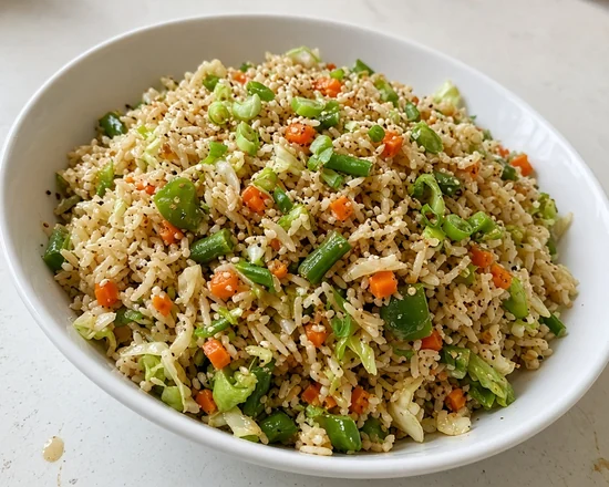 Vegetable fried rice with cabbage, carrot, green beans and spring onion
